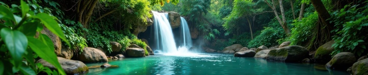 Fototapeta premium Dense green foliage surrounds a tranquil waterfall cascading into a crystal-clear pool , water, waterfall, forest