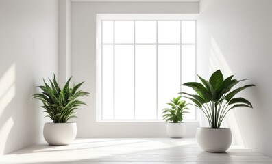 Three potted plants in white minimalist room with bright sunlight from a large window...Concept: Light and airy, plant focus.