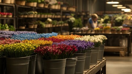 Fototapeta premium A flower shop warehouse showcasing rows of multi-colored flowers in buckets, with a florist sorting stems in the background.