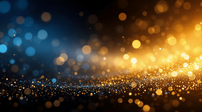 bstract Glitter Lights Background with Blue, Gold, and Black Hues in a De-Focused Sparkling Effect - Eleganter abstrakter Hintergrund mit glitzernden Lichtern in Blau, Gold und Schwarz und funkelndem 