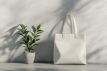Stylish White Tote Bag and Plant in Minimalist Setting