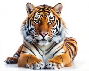Fototapeta premium Majestic Bengal tiger portrait on white background, powerful wild cat lying down, orange and black striped predator, exotic wildlife animal photography