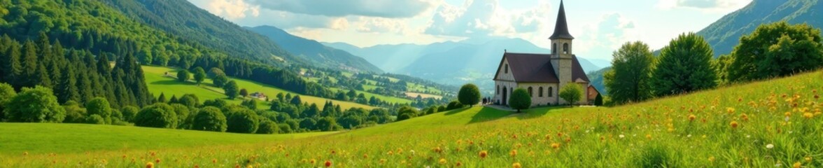 Obraz premium Lush greenery and historic church in rural setting , countryside, vassiviere, limousin