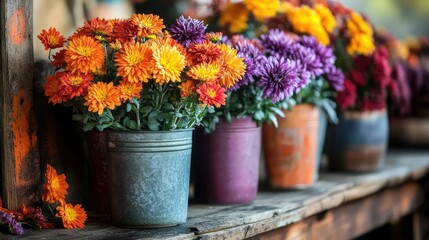 A rustic table filled with vases of vibrant chrysanthemums in orange, purple, and red tones, ready for sale at a local market.