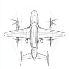 Top-down blueprint of a futuristic aircraft with six propellers.