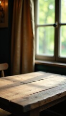 Fototapeta premium Rustic wooden table, blurred window, soft curtain , shadow, tabletop