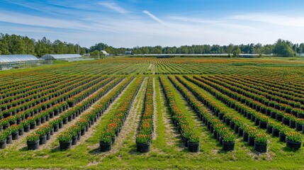 A sunny spring day at a Dutch flower bulb nursery with red and orange tulips arranged in perfect rows across the large field.