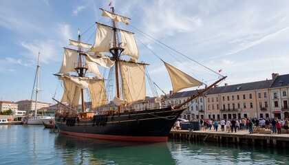 Historic sailing ship in the harbor with a blue sky and festive atmosphere