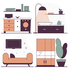 Charming Hand-Drawn Home Furnishing Icons: Interior Design Elements bed rug room sofa lamp vase cozy