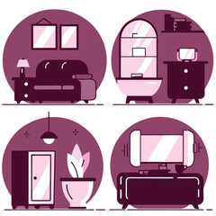 Hand-Drawn Home Furnishing Icons: Interior Design Sketches bed rug sofa lamp vase cozy decor house  