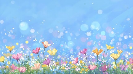 Dreamy meadow with colorful wildflowers and soft bokeh lights under a clear blue sky