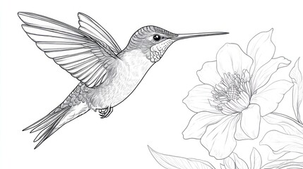 Obraz premium Detailed Line Art of a Hummingbird in Flight with a Blooming Flower Illustration