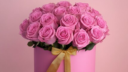 Bouquet of pink roses placed inside a gift box with a gold ribbon, styled on a soft pastel pink backdrop.