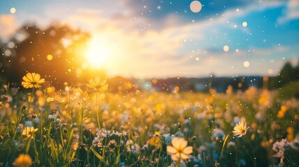 Golden sunset over a meadow filled with wildflowers and glowing bokeh lights creating a serene atmosphere