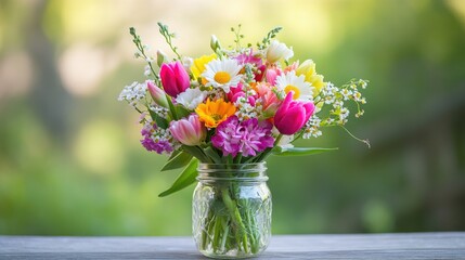 Bright and colorful arrangement of tulips, daisies, and carnations in a small mason jar, styled outdoors with natural greenery.