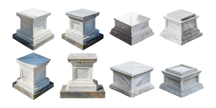 Set of marble pedestal bases with intricate carvings and different shapes, suitable for classical architectural themes and art displays.
