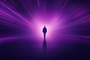 A silhouette walks toward a vibrant purple light, suggesting a journey through an ethereal space filled with energy and movement.