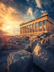 Obraz premium Acropolis Theatre, with its intricate details and majestic columns framed by a picturesque Greek sky