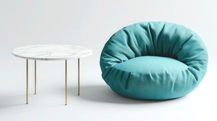 A contemporary turquoise fabric pouf chair with a soft, plump seat, sitting next to a minimalist white marble table with thin brass legs, isolated on a clean white background. 