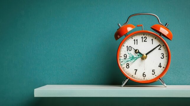 Vibrant Orange Alarm Clock Resting on a Wooden Shelf Surrounded by a Cozy Home Atmosphere Evoking Timeliness and Daily Routine in a Warm Environment