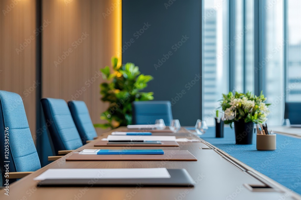 Aufkleber long table setting with open laptop and stylish pen evoking a productive workspace atmosphere ideal 