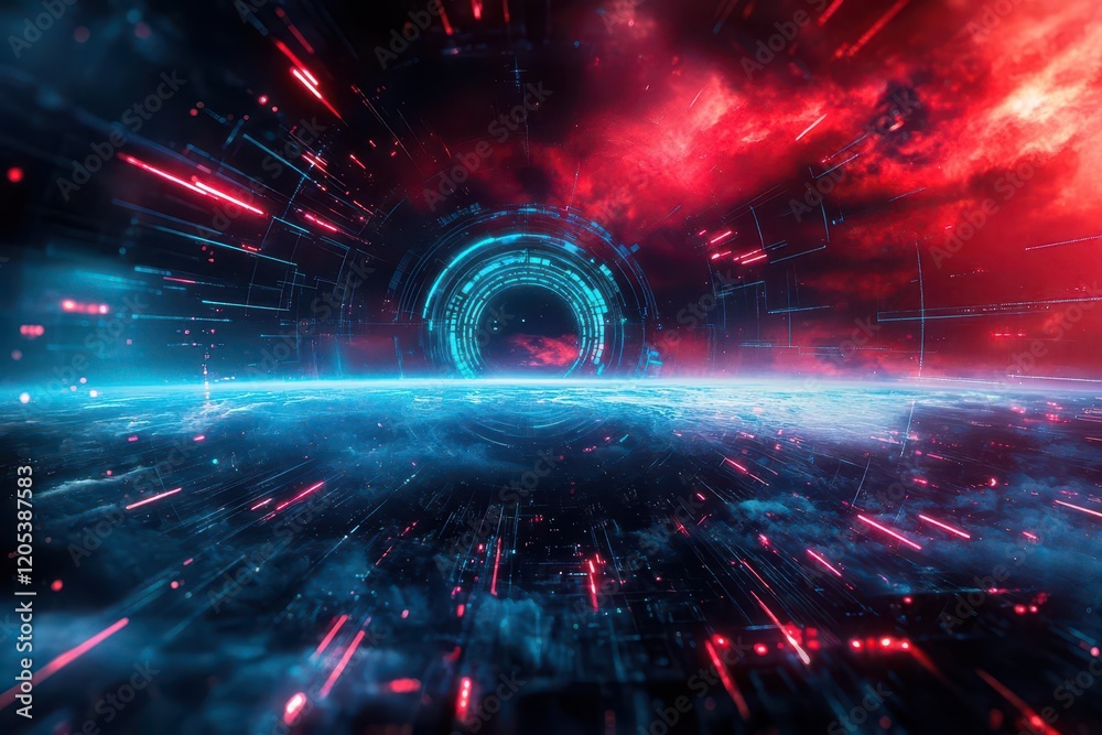 Poster Futuristic Tunnel Illuminated by Vibrant Red and Blue Lights Creating a Stunning Visual Experience of Modernity and Innovation in an Urban Setting