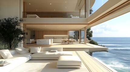 Fototapeta premium Oceanfront luxury villa living room, sunrise, cliffside