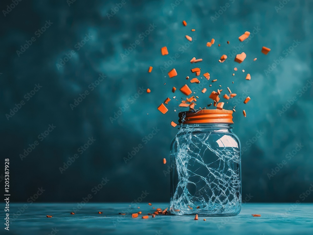 Aufkleber shattered glass fragments inside a transparent jar reflecting light creating a dramatic artistic sti