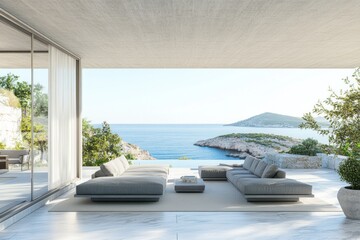 Fototapeta premium Modern patio furniture overlooking ocean.