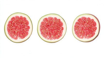 A white surface displays three distinct pieces of fruit, showcasing their vibrant colors and...