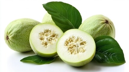 Three pieces of fruit with vibrant leaves are arranged on a clean white surface, showcasing their freshness and natural beauty.