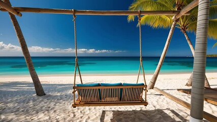 Swing hangs over pristine beach with clear water and palm trees, evoking relaxation and tranquility in tropical paradise