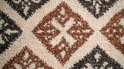 Close up of a beige woven textile with repeating brown and black diamond patterns offers a natural, textured background element.