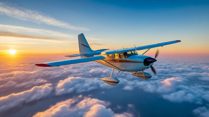 Obraz premium A Sea Plane is flying through Clouds against a bright orange and blue colors during Sunrise golden hour.