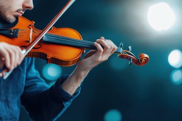 Fototapeta premium A Passionate Man Playing a Violin in a Dimly Lit Room Evoking Emotion and Artistic Expression Through Music and Intense Focus on Performance