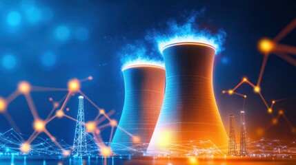 Panoramic energy ecosystem with nuclear plants and smart grids, 3D illustration