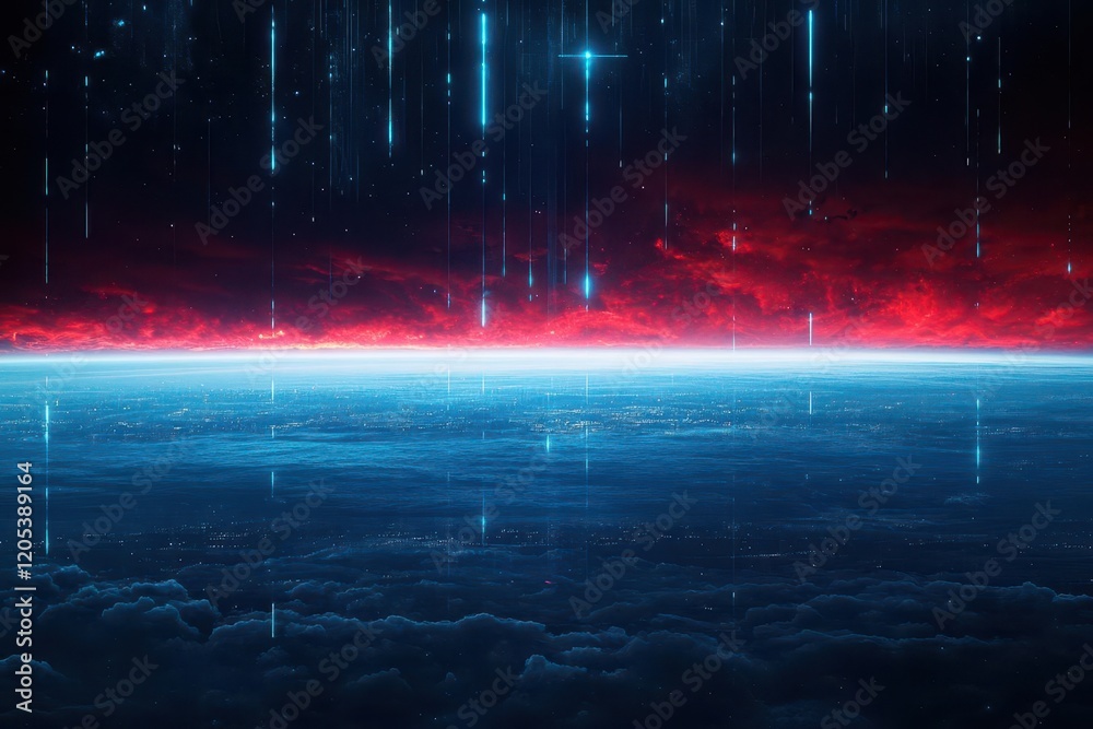 Poster vibrant red and blue planet surrounded by an expansive bright sky evoking a sense of wonder and expl