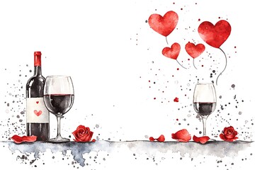 Fototapeta premium Watercolor love theme valentine's day celebration with romantic wine and heartfelt roses