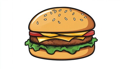 A colorful cartoon hamburger featuring cheese and lettuce, set against a clean white background, showcasing appetizing details and vibrant colors.