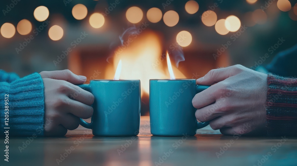 Aufkleber warm embrace of two hands holding cups against a cozy fire background evoking comfort and connection