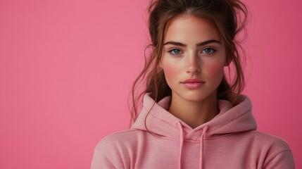 Fototapeta premium Pink Hoodie Girl Portrait: A Stunning Fashion Close-up