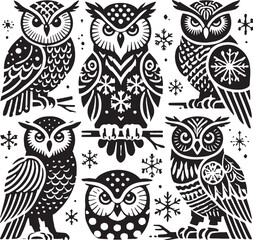 Black Color Snowy Owl Silhouette Vector Illustration, Solid White Background. minimal vector design