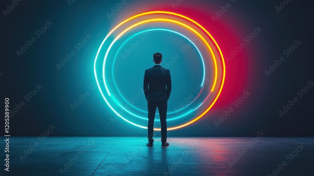 Aufkleber a man stands confidently in front of a glowing neon circle illuminated by vibrant colors creating a 