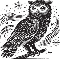 Black Color Snowy Owl Silhouette Vector Illustration, Solid White Background. minimal vector design