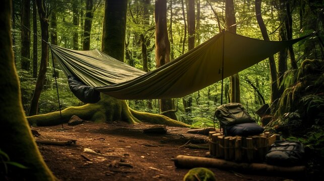 A photo of a lightweight hammock shelter in a forest.