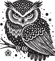Black Color Snowy Owl Silhouette Vector Illustration, Solid White Background. minimal vector design