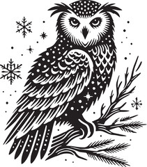 Black Color Snowy Owl Silhouette Vector Illustration, Solid White Background. minimal vector design