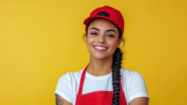 Young smiling waitress wearing red apron and cap posing on yellow background - Powered by Adobe