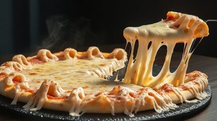 taking slice of pizza with super stretching stretchy cheese.