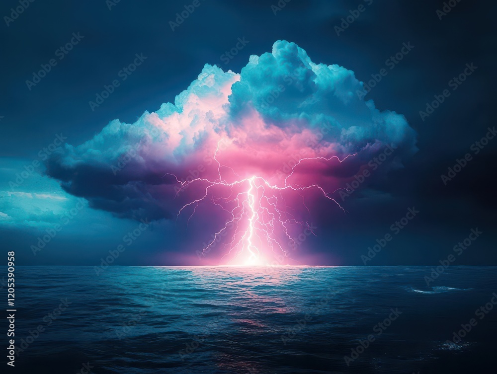 Aufkleber dramatic lightning bolt illuminating the night sky over a turbulent ocean creating a powerful and aw
